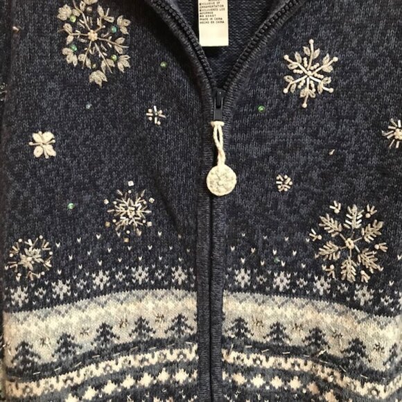 Tiara International Women's Blue & White Snowflake Zip-Up Holiday Sweater Medium - Picture 6 of 8